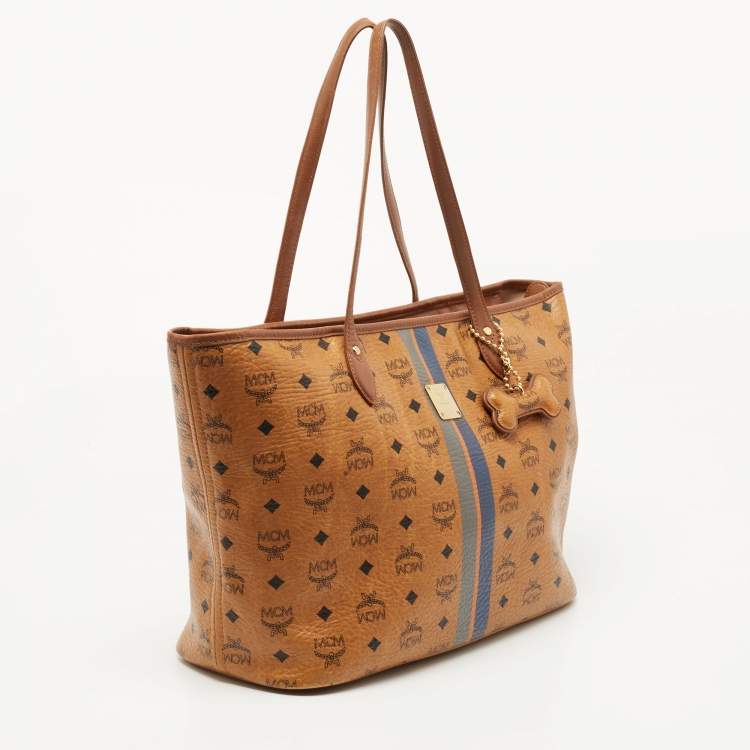 Pre Owned MCM Tan Visetos Coated Canvas Striped Shopper Tote