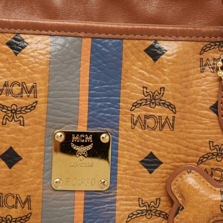 Pre Owned MCM Tan Visetos Coated Canvas Striped Shopper Tote
