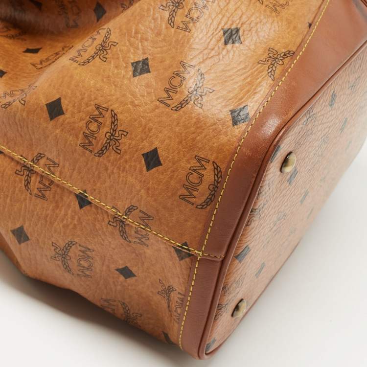 Pre Owned MCM Cognac Visetos Coated Canvas and Leather Heritage Drawstring Bucket Bag