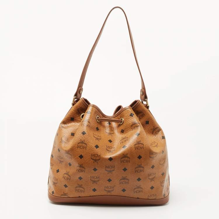 Pre Owned MCM Cognac Visetos Coated Canvas and Leather Heritage Drawstring Bucket Bag