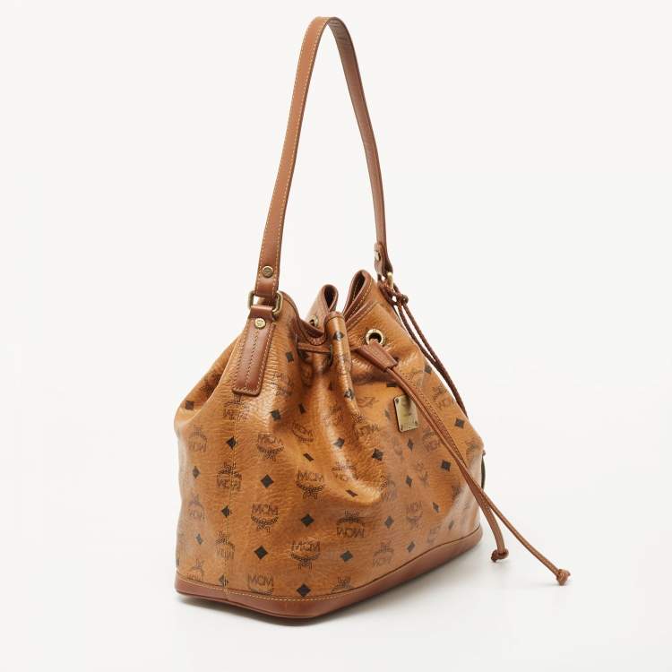 Pre Owned MCM Cognac Visetos Coated Canvas and Leather Heritage Drawstring Bucket Bag