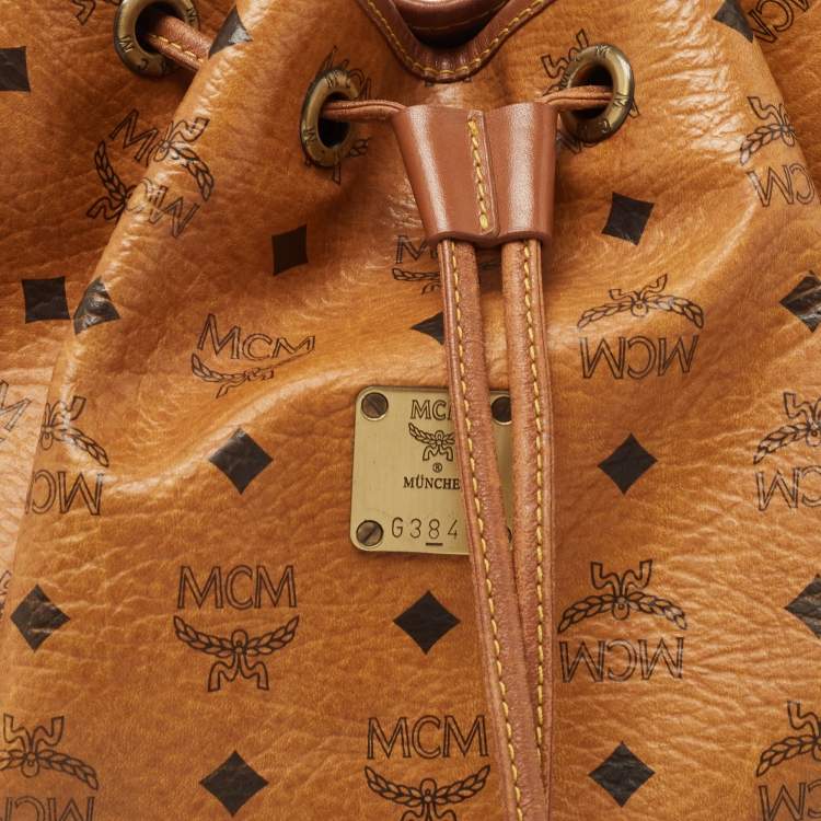 Pre Owned MCM Cognac Visetos Coated Canvas and Leather Heritage Drawstring Bucket Bag