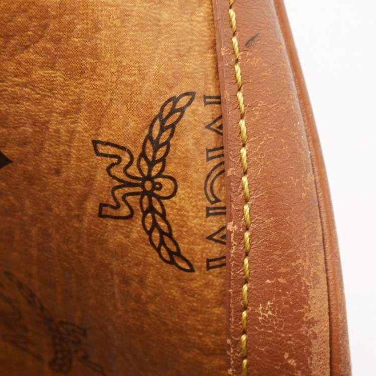 Pre Owned MCM Cognac Visetos Coated Canvas and Leather Heritage Drawstring Bucket Bag