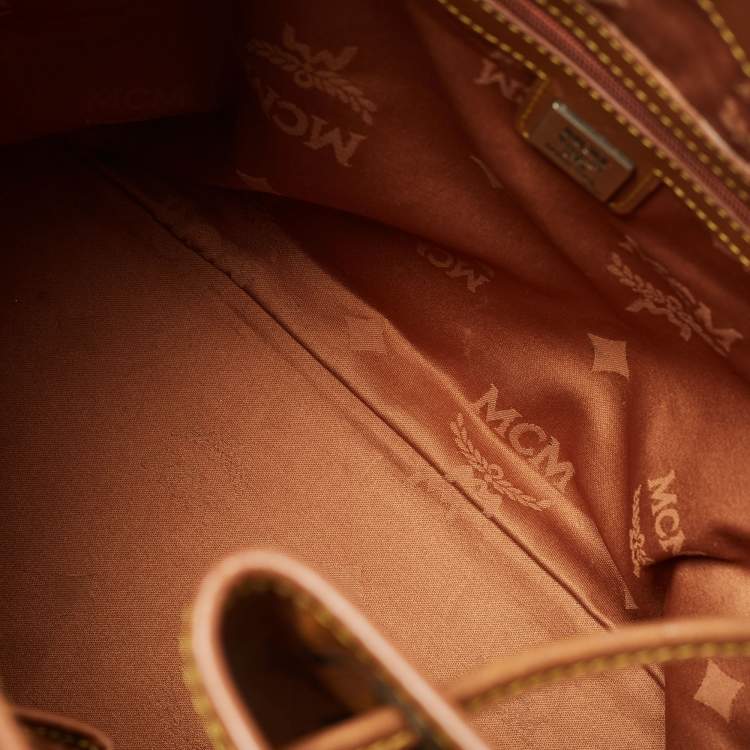 Pre Owned MCM Cognac Visetos Coated Canvas and Leather Heritage Drawstring Bucket Bag