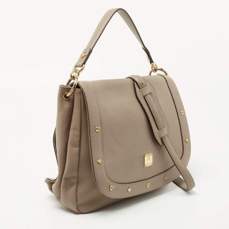 Pre Owned MCM Beige Leather Studded Flap Hobo