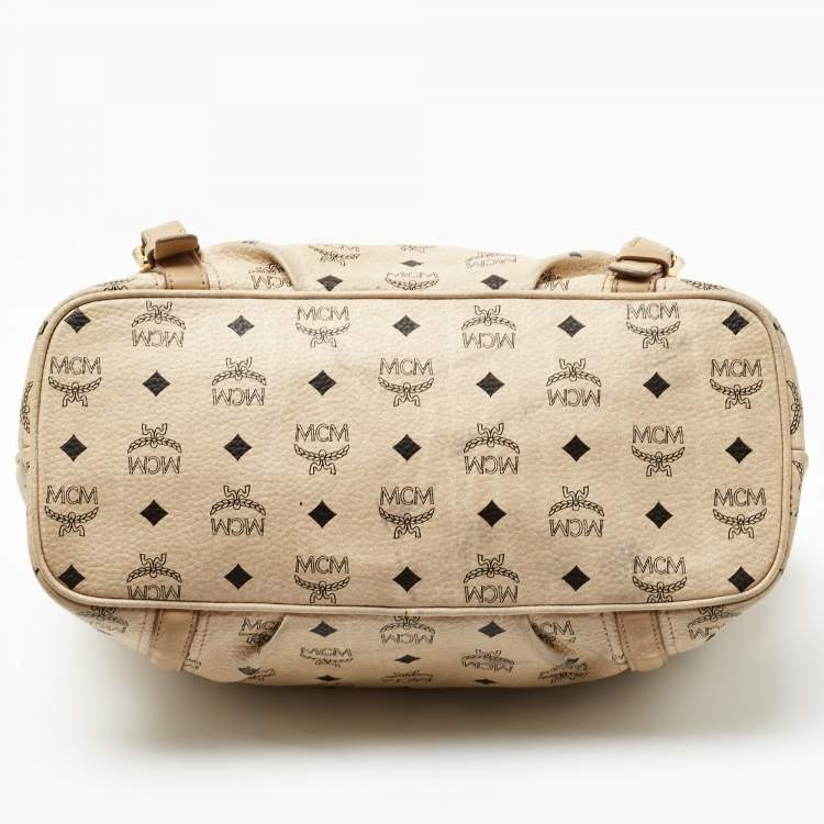 Pre Owned MCM Beige Visetos Coated Canvas and Leather Zipped Shoulder Bag