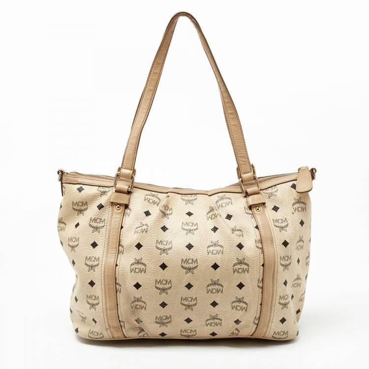Pre Owned MCM Beige Visetos Coated Canvas and Leather Zipped Shoulder Bag
