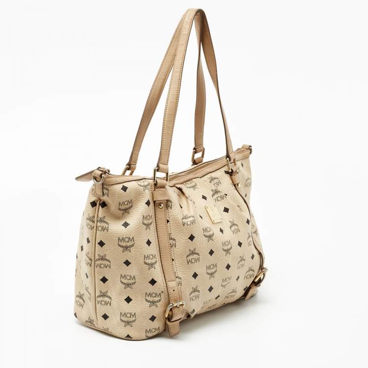 Pre Owned MCM Beige Visetos Coated Canvas and Leather Zipped Shoulder Bag