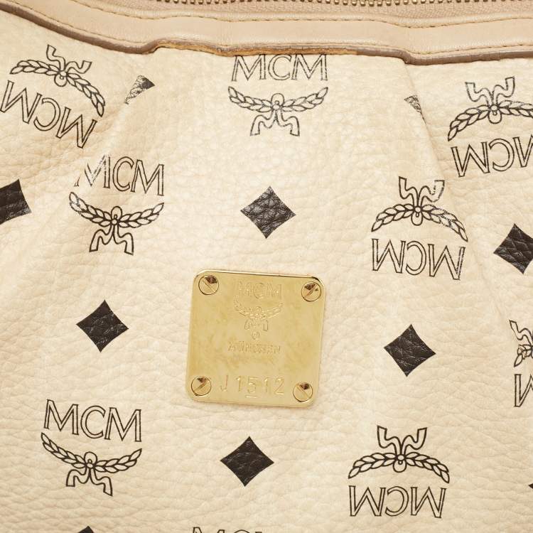 Pre Owned MCM Beige Visetos Coated Canvas and Leather Zipped Shoulder Bag