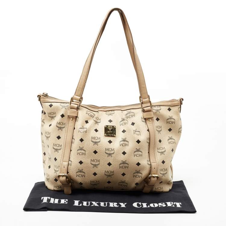Pre Owned MCM Beige Visetos Coated Canvas and Leather Zipped Shoulder Bag