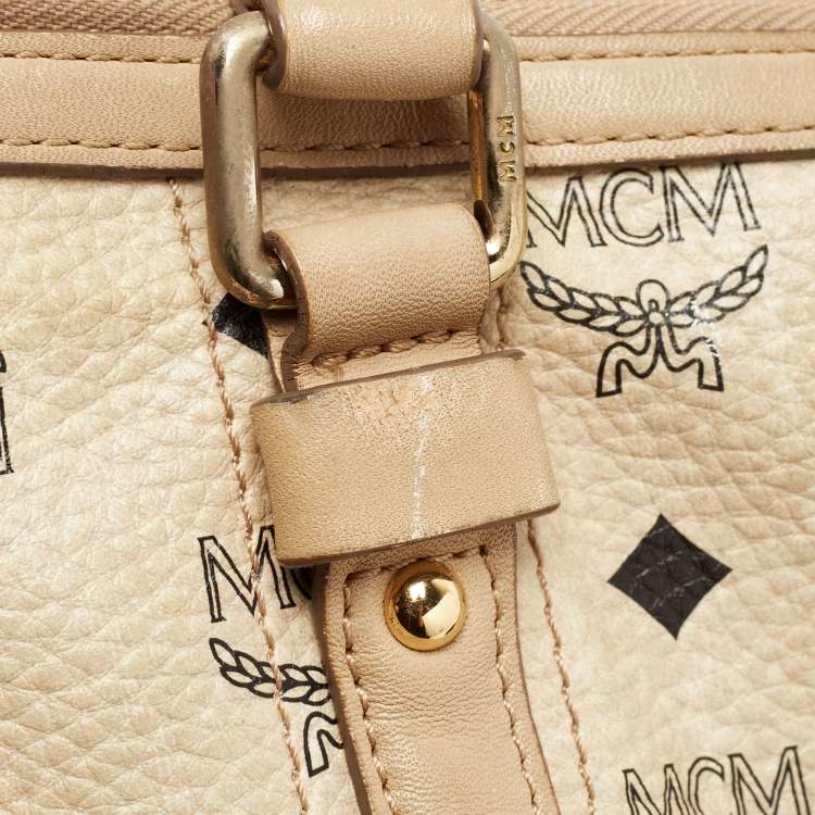 Pre Owned MCM Beige Visetos Coated Canvas and Leather Zipped Shoulder Bag