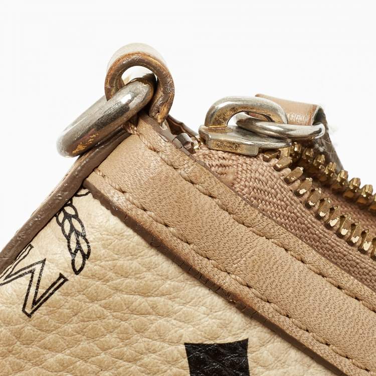 Pre Owned MCM Beige Visetos Coated Canvas and Leather Zipped Shoulder Bag