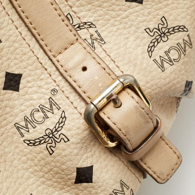 Pre Owned MCM Beige Visetos Coated Canvas and Leather Zipped Shoulder Bag