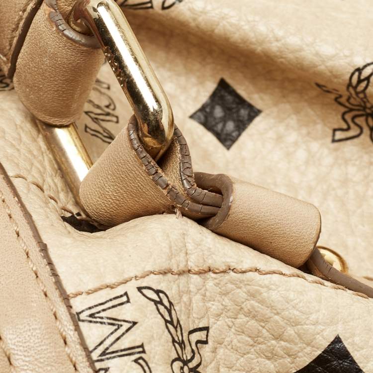 Pre Owned MCM Beige Visetos Coated Canvas and Leather Zipped Shoulder Bag