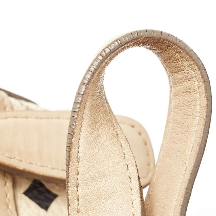 Pre Owned MCM Beige Visetos Coated Canvas and Leather Zipped Shoulder Bag