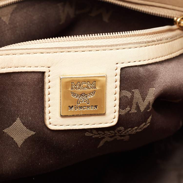 Pre Owned MCM Beige Visetos Coated Canvas and Leather Zipped Shoulder Bag