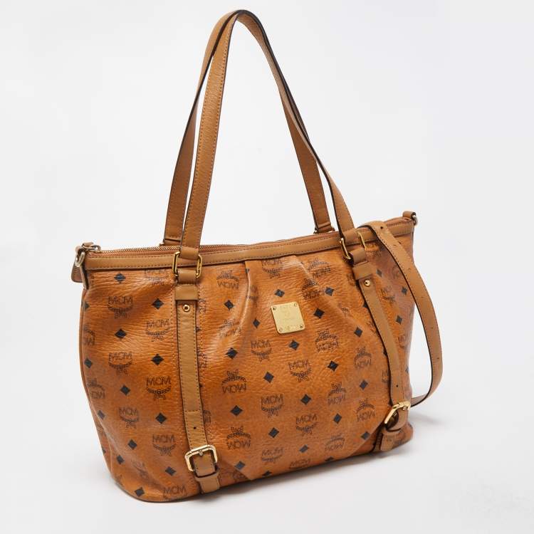 Pre Owned MCM Brown Visetos Coated Canvas and Leather Zip Tote