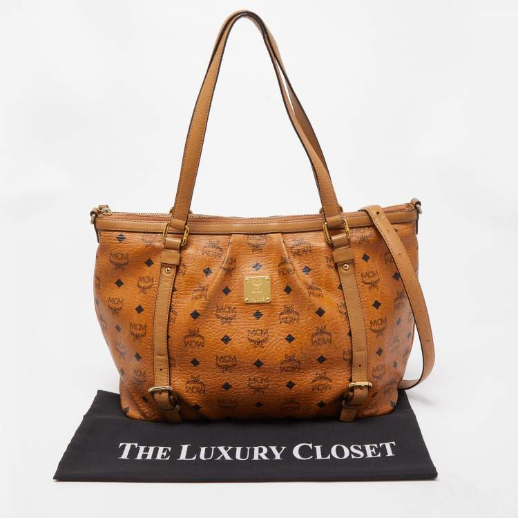 Pre Owned MCM Brown Visetos Coated Canvas and Leather Zip Tote