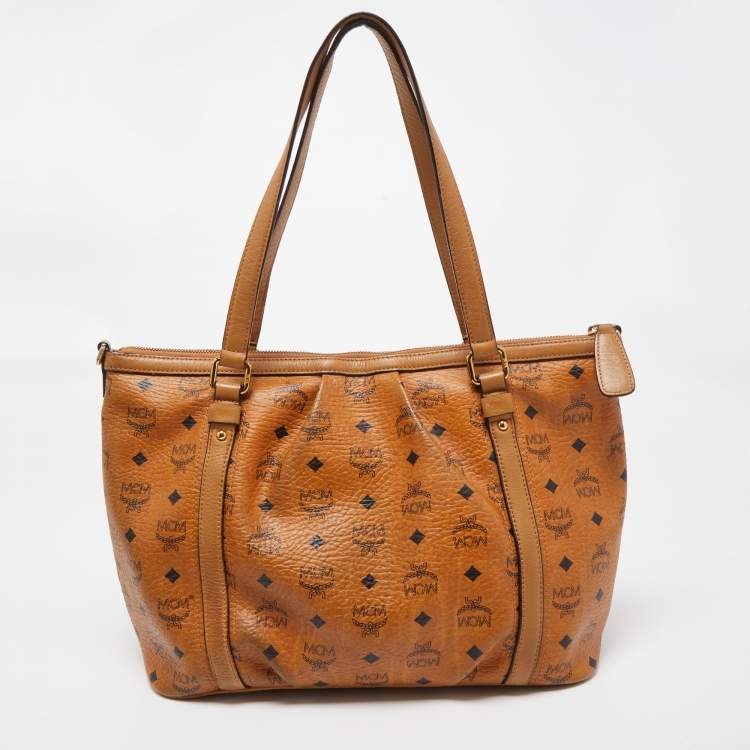 Pre Owned MCM Brown Visetos Coated Canvas and Leather Zip Tote