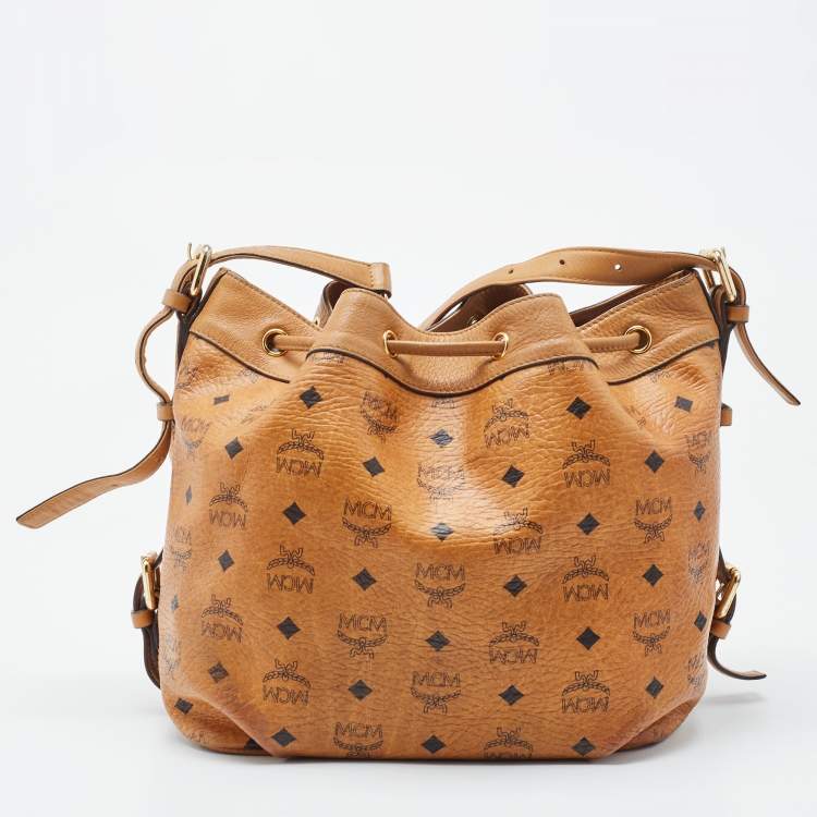 Pre Owned MCM Brown Visetos Coated Canvas and Leather Drawstring Bucket Bag