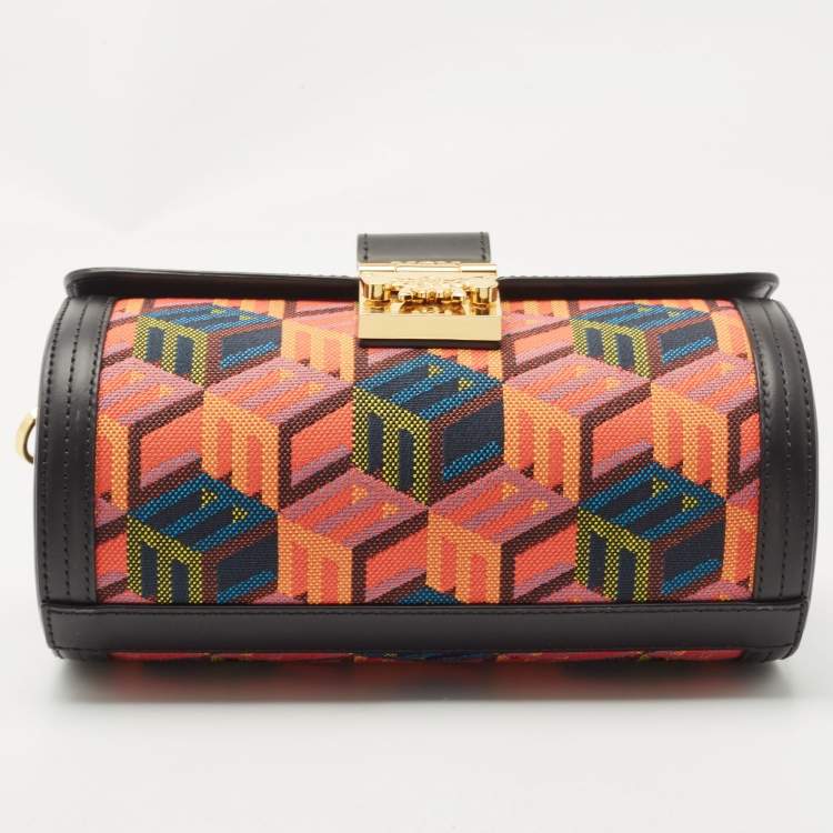Pre Owned MCM Black Cubic Monogram Jacquard and Leather Small Tracy Crossbody Bag 