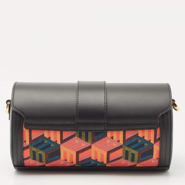 Pre Owned MCM Black Cubic Monogram Jacquard and Leather Small Tracy Crossbody Bag 