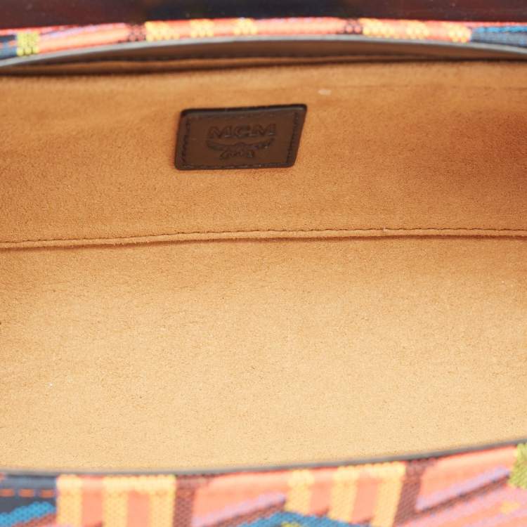 Pre Owned MCM Black Cubic Monogram Jacquard and Leather Small Tracy Crossbody Bag 