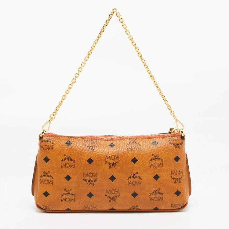 Pre Owned MCM Cognac Visetos Coated Canvas and Leather Millie Chain Clutch