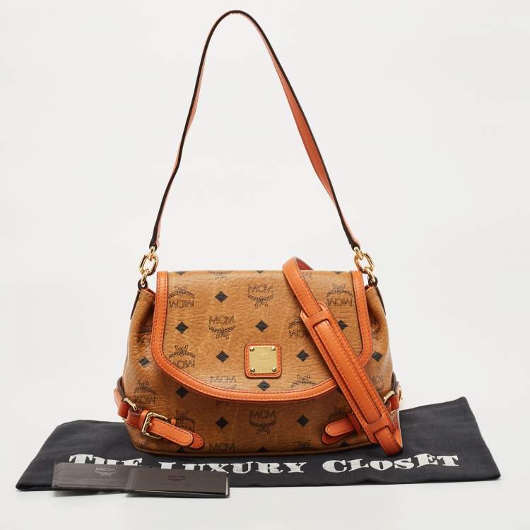 Pre Owned MCM Cognac Visetos Coated Canvas and Leather Flap Crossbody Bag