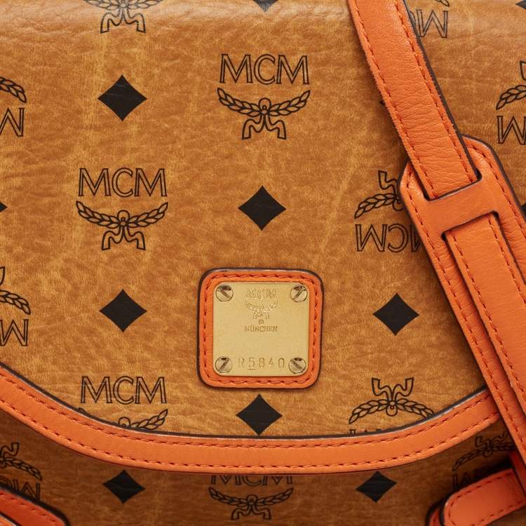 Pre Owned MCM Cognac Visetos Coated Canvas and Leather Flap Crossbody Bag
