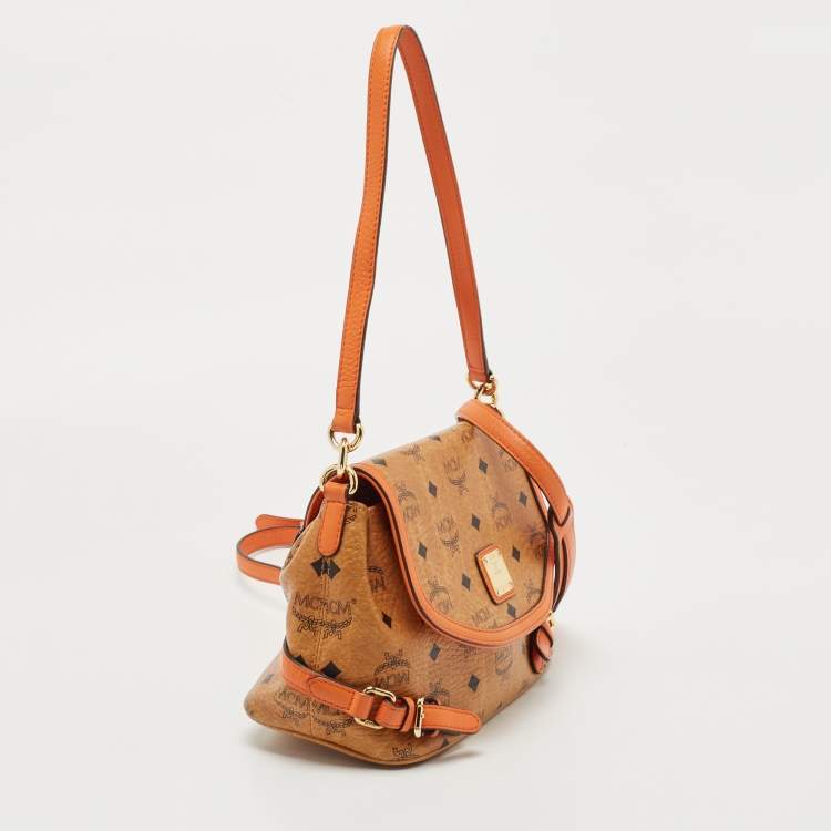 Pre Owned MCM Cognac Visetos Coated Canvas and Leather Flap Crossbody Bag