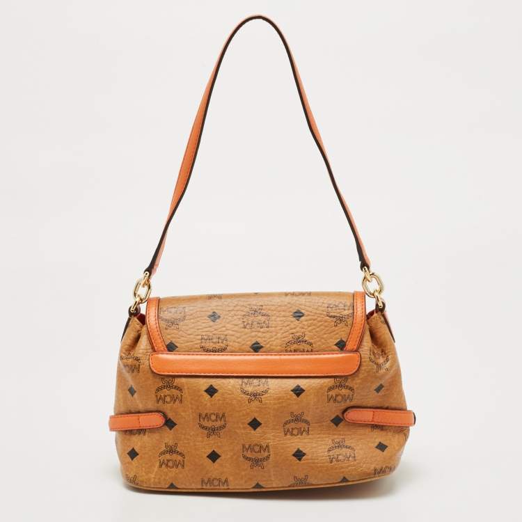 Pre Owned MCM Cognac Visetos Coated Canvas and Leather Flap Crossbody Bag
