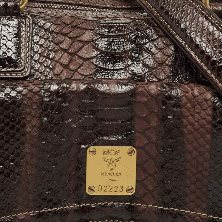 Pre Owned MCM Dark Brown Python Embossed Leather Front Pocket Satchel