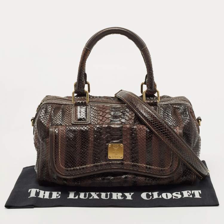 Pre Owned MCM Dark Brown Python Embossed Leather Front Pocket Satchel