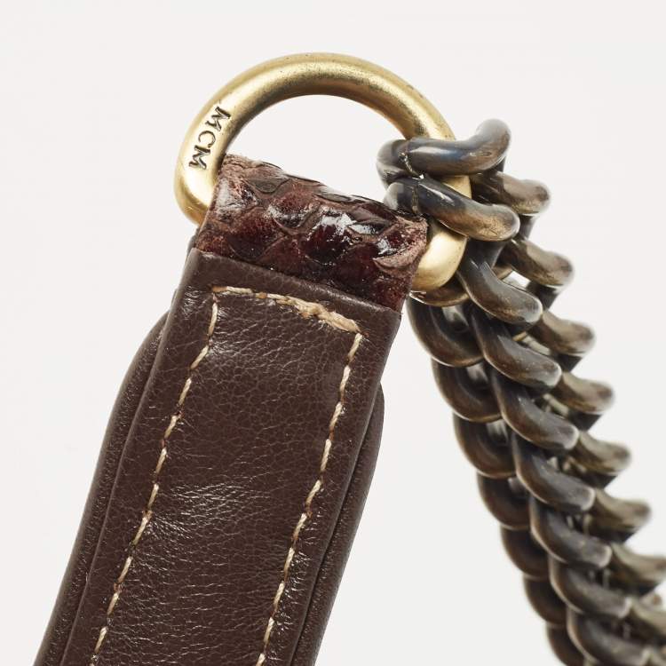 Pre Owned MCM Dark Brown Python Embossed Leather Front Pocket Satchel