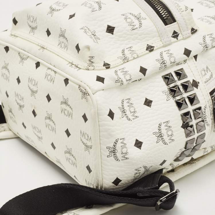 Pre Owned MCM White Visetos Coated Canvas Small Studs Stark Backpack
