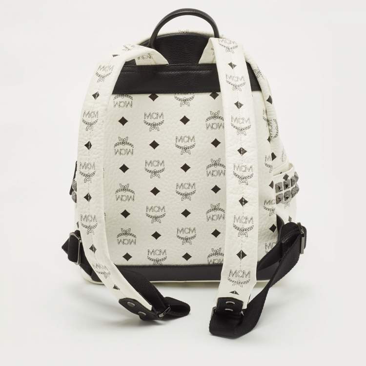 Pre Owned MCM White Visetos Coated Canvas Small Studs Stark Backpack