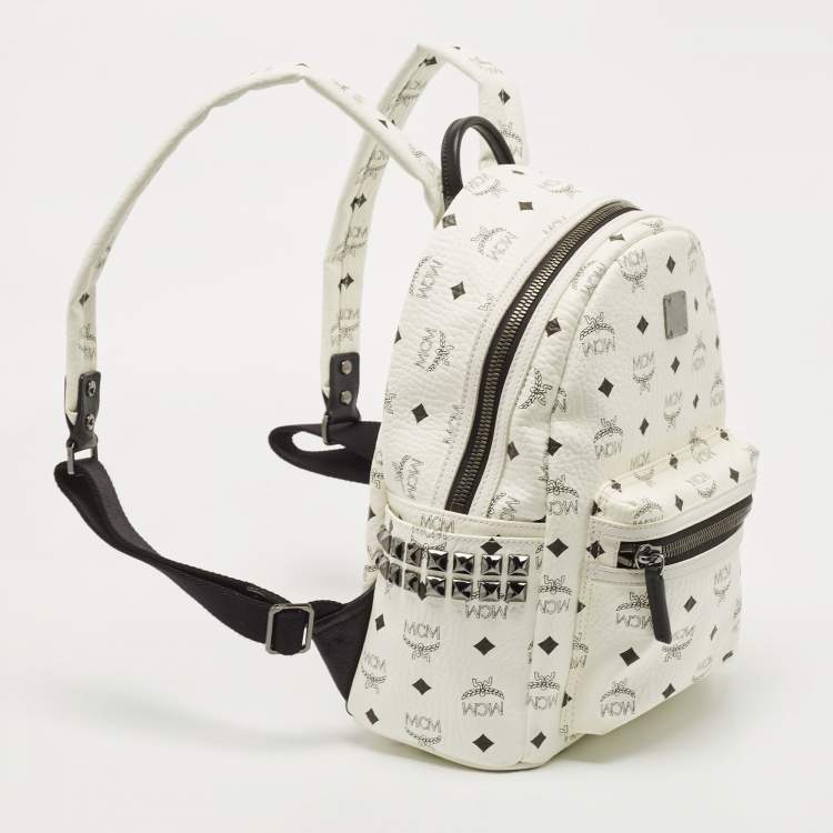 Pre Owned MCM White Visetos Coated Canvas Small Studs Stark Backpack