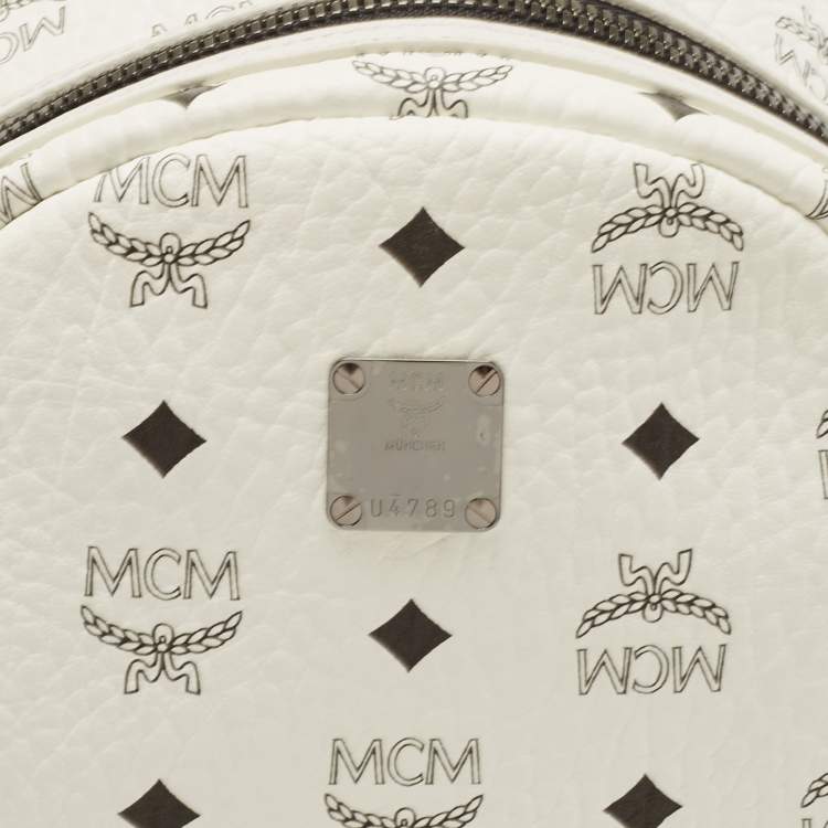 Pre Owned MCM White Visetos Coated Canvas Small Studs Stark Backpack