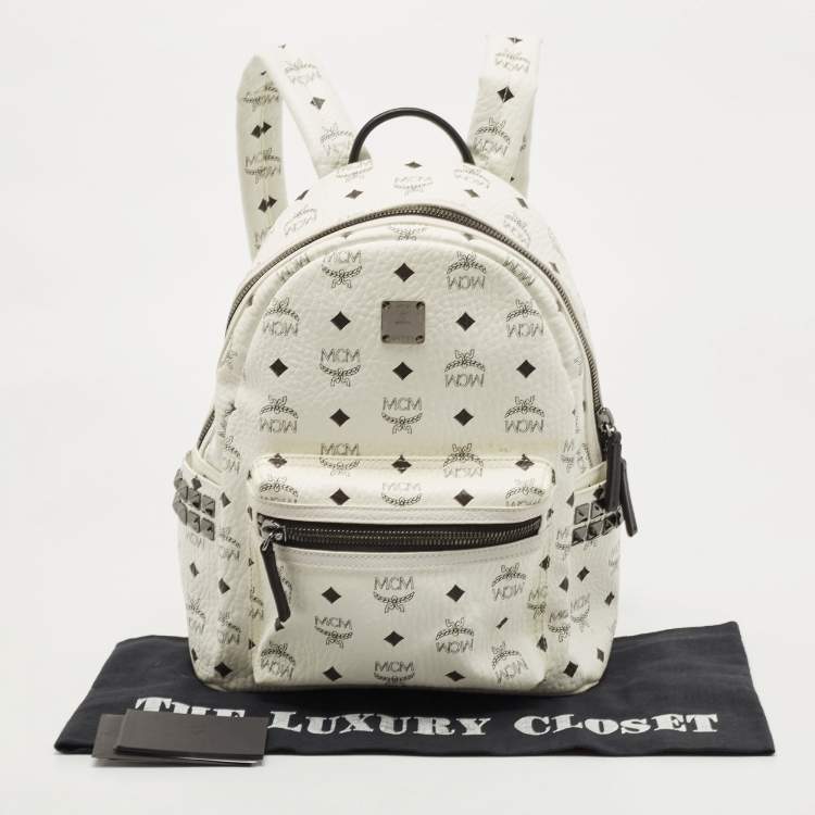 Pre Owned MCM White Visetos Coated Canvas Small Studs Stark Backpack