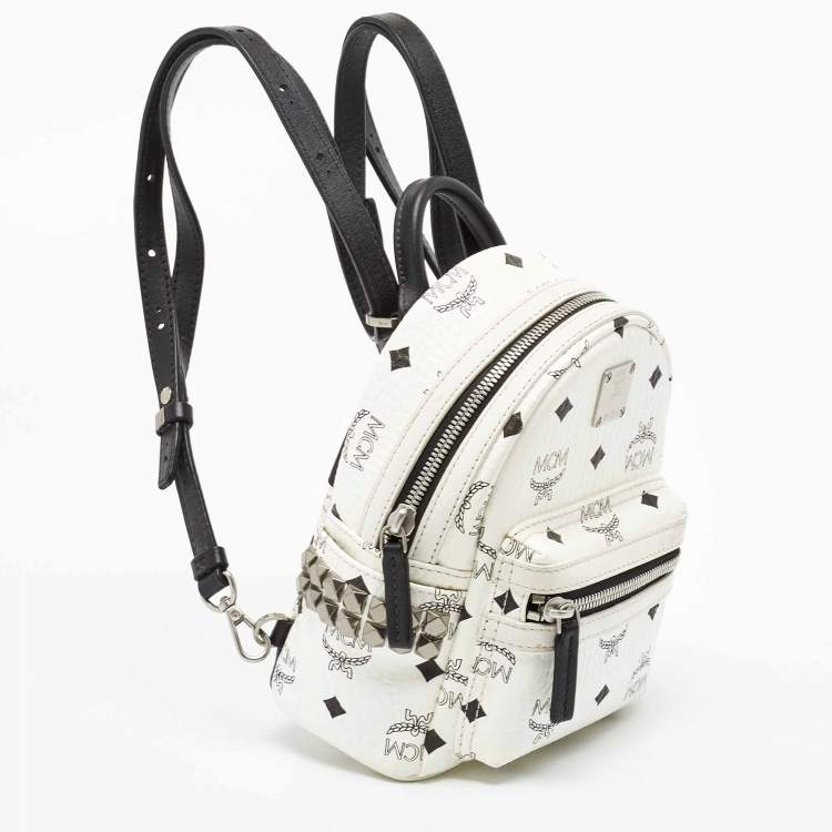Pre Owned MCM White/Black Visetos Coated Canvas And Leather Mini Stark-Bebe Boo Backpack