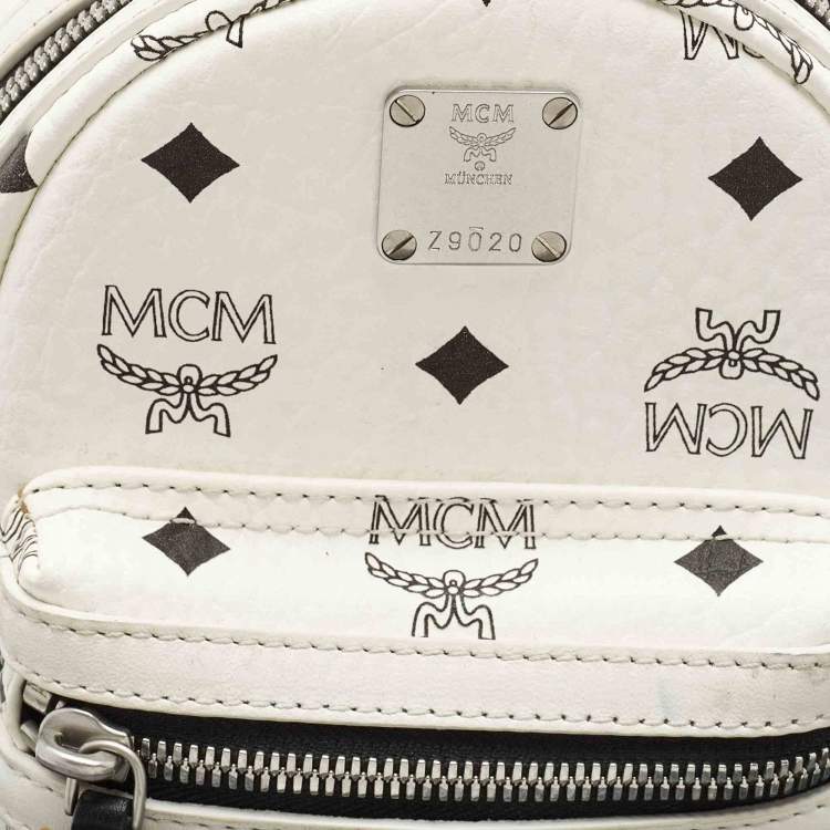 Pre Owned MCM White/Black Visetos Coated Canvas And Leather Mini Stark-Bebe Boo Backpack