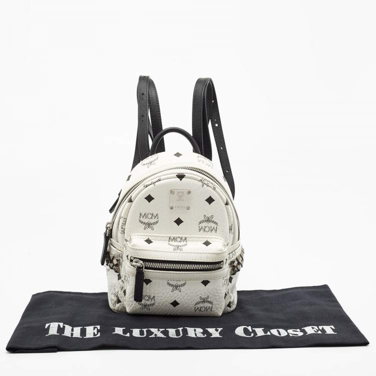Pre Owned MCM White/Black Visetos Coated Canvas And Leather Mini Stark-Bebe Boo Backpack