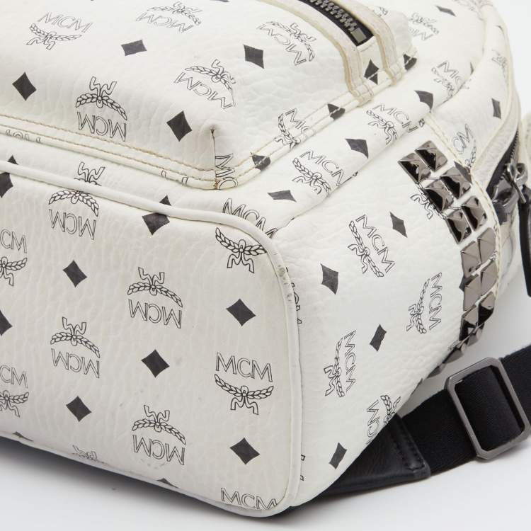 Pre Owned MCM White Visetos Coated Canvas Small Studs Stark Backpack