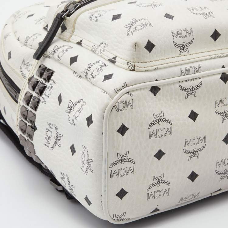 Pre Owned MCM White Visetos Coated Canvas Small Studs Stark Backpack