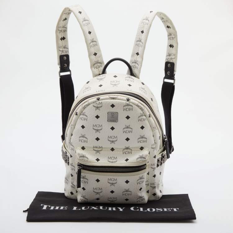 Pre Owned MCM White Visetos Coated Canvas Small Studs Stark Backpack