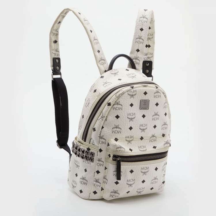 Pre Owned MCM White Visetos Coated Canvas Small Studs Stark Backpack