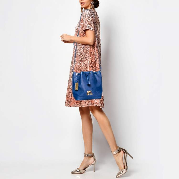 Pre Owned MCM Blue Leather RGB Story Drawstring Bucket Bag