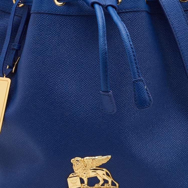 Pre Owned MCM Blue Leather RGB Story Drawstring Bucket Bag