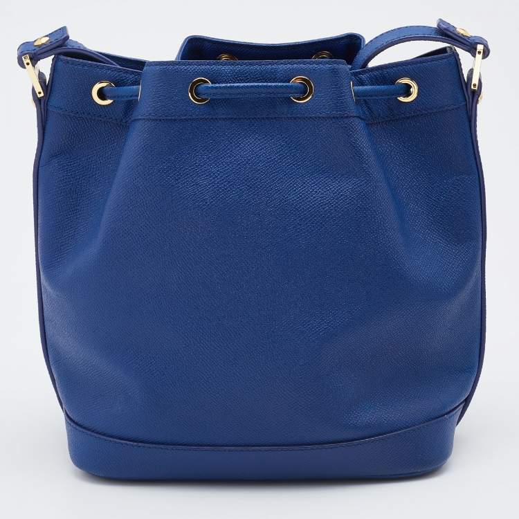 Pre Owned MCM Blue Leather RGB Story Drawstring Bucket Bag